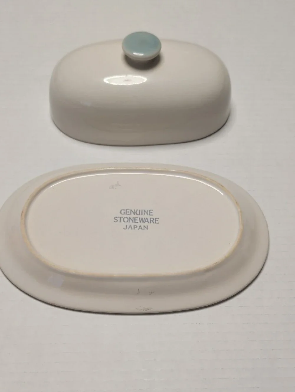 White Ceramic Butter Dish with Pale Blue Rim and Knob